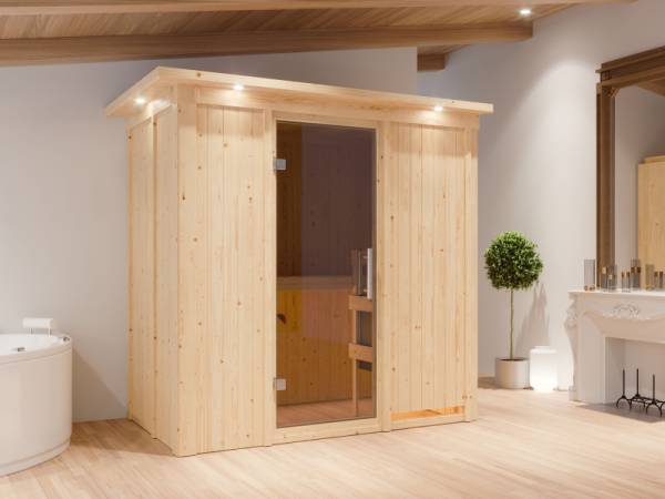 Karibu Sauna Variado inkl. 9 kW Bioofen ext. Steuerung, mit moderner Saunatür -mit Dachkranz-