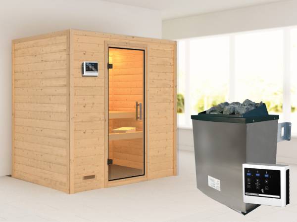 Karibu Sauna Sonja inkl. 9 kW ext. Steuerung mit Klarglas Ganzglastür -ohne Dachkranz-