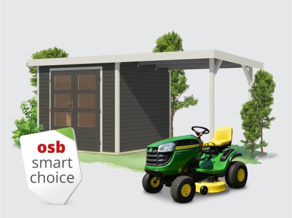 Osb smart choice Hybrid Gartenhaus Woodtallic 3 B terragrau/weiß, im Set mit Fußboden,  inkl. 2,35 m Anbaudach