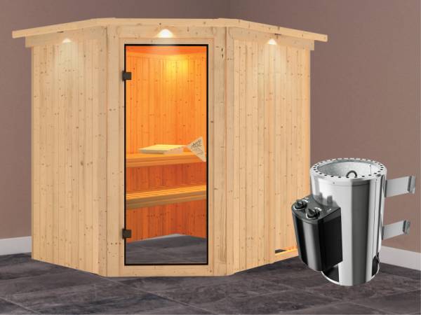 Lilja - Karibu Sauna Plug &amp; Play inkl. 3,6 kW-Ofen - mit Dachkranz -