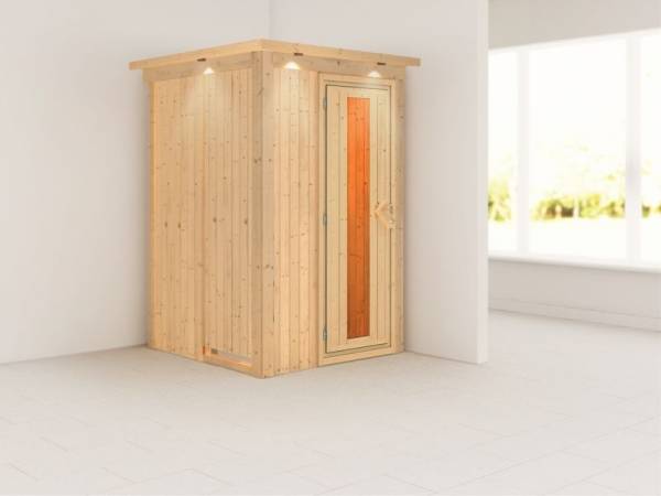 Lenja - Karibu Sauna Plug & Play ohne Ofen - mit Dachkranz - Energiespartür Lenja - Karibu Sauna Plug & Play ohne Ofen - mit Dachkranz - Energiespartür