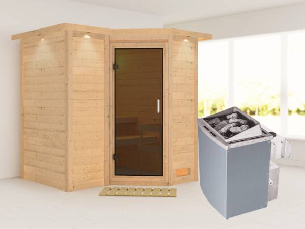 Karibu Sauna Sahib 1 inkl. 9-kW-Ofen mit interner Steuerung, mit Dachkranz, mit moderner Saunatür