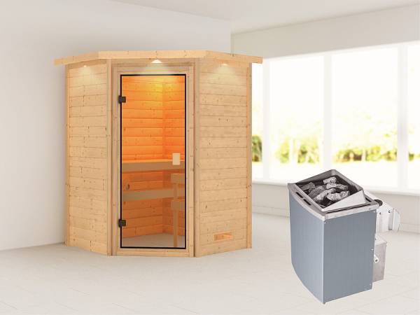 Karibu Woodfeeling Sauna Franka - Classic Saunatür - 4,5 kW Ofen integr. Strg - mit Dachkranz