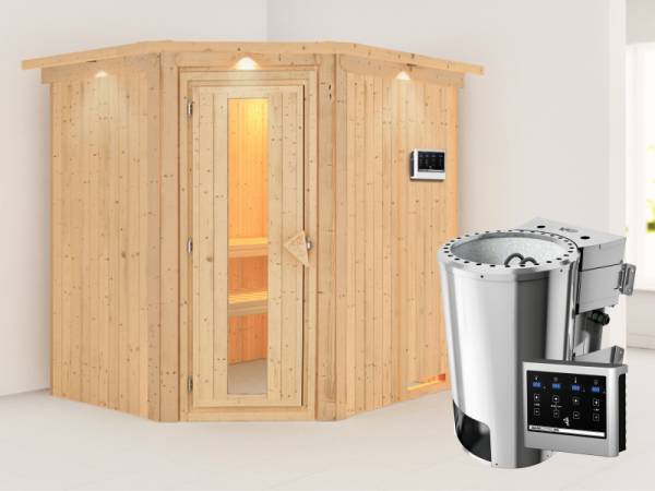Lilja - Karibu Sauna Plug & Play 3,6 kW Bio Ofen, ext. Steuerung - mit Dachkranz - Energiespartür