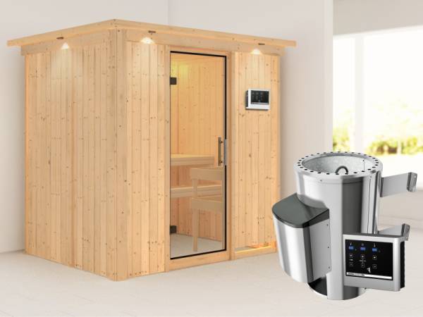 Fanja - Karibu Sauna Plug &amp; Play 3,6 kW Ofen, ext. Steuerung - mit Dachkranz - Klarglas Ganzglastür