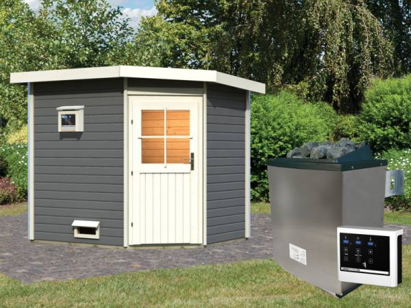 Karibu Saunahaus Mikka 38 mm -terragrau- inkl. 9 kW Ofen ext. Steuerung -klassische Tür-