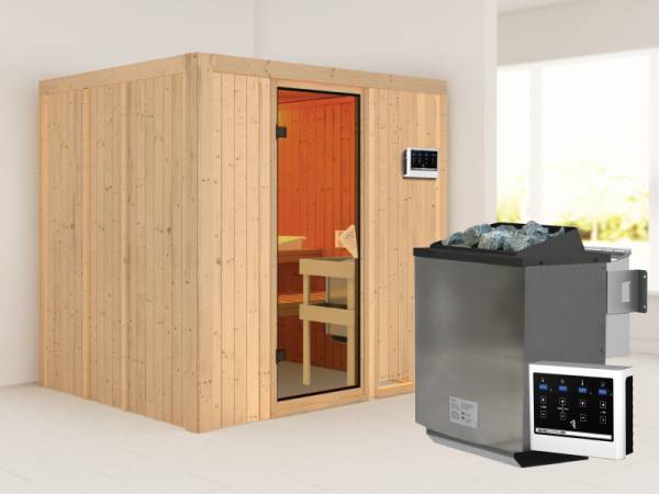 Karibu Sauna Sodin 68 mm- klassische Saunatür- 4,5 kW Bioofen ext. Strg- ohne Dachkranz