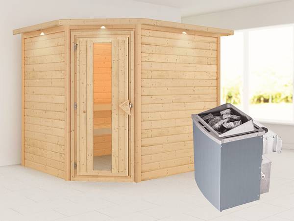 Karibu Sauna Lisa 38 mm mit Dachkranz- 9 kW Ofen integr. Strg- energiesparende Saunatür