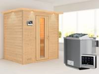 Karibu Sauna Sonja - energiesparende Saunatür - 4,5 kW BIO-Ofen ext. Strg. - mit Dachkranz