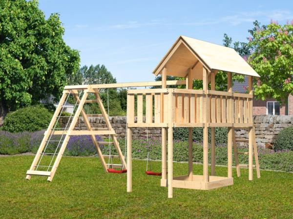 Karibu Spielturm Danny Satteldach + Doppelschaukel Klettergerüst + Anbauplattform