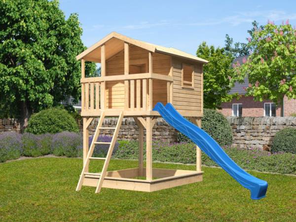 Akubi Stelzenhaus Benjamin naturbelassen + Rutsche blau + Sandkasten Akubi Stelzenhaus Benjamin naturbelassen + Rutsche blau + Sandkasten