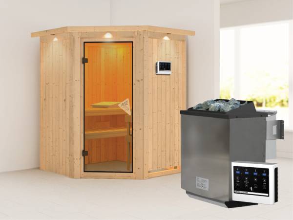 Karibu Sauna Larin- klassische Saunatür- 4,5 kW Bioofen ext. Strg- mit Dachkranz