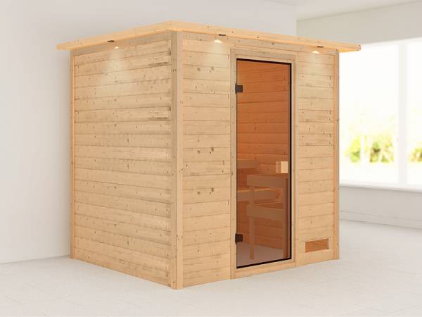 Karibu Woodfeeling Sauna Adelina mit Dachkranz 38 mm Karibu Woodfeeling Sauna Adelina mit Dachkranz 38 mm