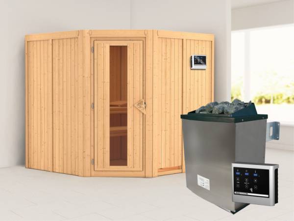 Karibu Sauna Jarin inkl. 9-kW-Ofen mit externer Steuerung, ohne Dachkranz, mit energiesparender Saunatür