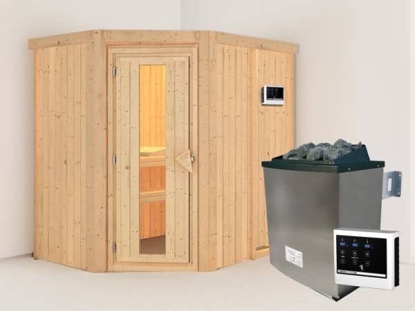 Karibu Sauna Carin- energiesparende Saunatür- 4,5 kW Ofen ext. Strg- ohne Dachkranz