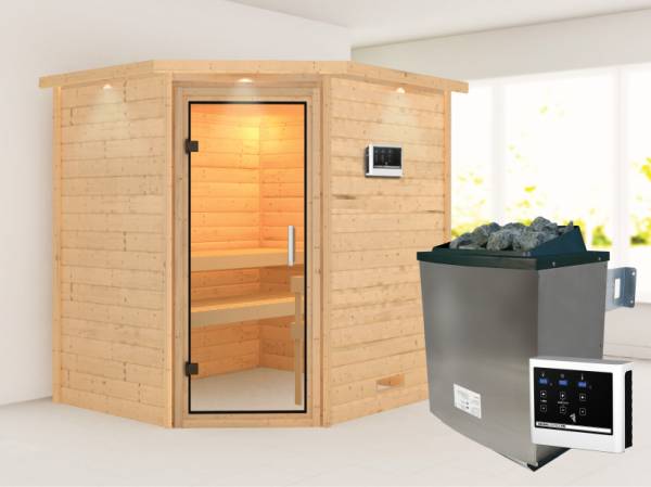 Karibu Sauna Mia- Klarglas Saunatür- 4,5 kW Ofen ext. Strg- mit Dachkranz