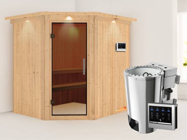 Lilja - Karibu Sauna Plug & Play 3,6 kW Bio Ofen, ext. Steuerung - mit Dachkranz - Moderne Saunatür