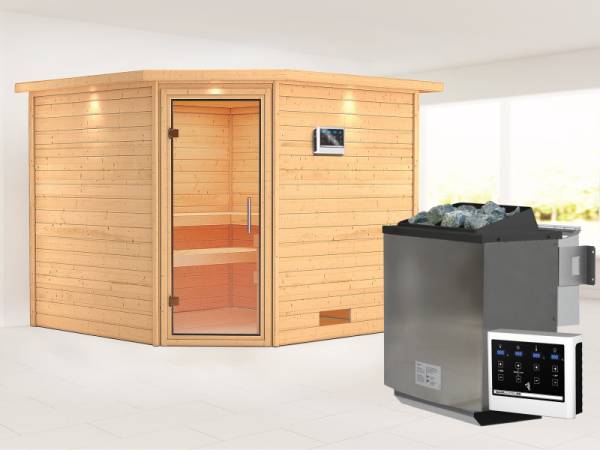 Karibu Sauna Leona 38 mm mit Dachkranz- 9 kW Bioofen ext. Strg- klarglas Tür
