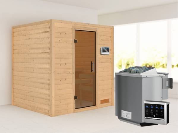 Karibu Woodfeeling Sauna Anja - Moderne Saunatür - 4,5 kW BIO-Ofen ext. Strg. - ohne Dachkranz