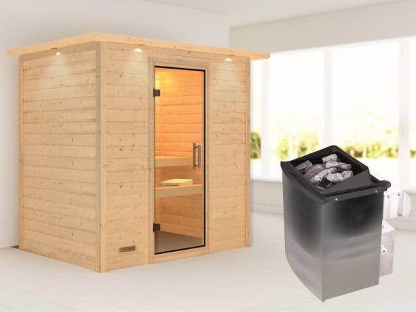 Karibu Sauna Sonja inkl. 9 kW Ofen integr. Steuerung mit Klarglas Ganzglastür -mit Dachkranz-