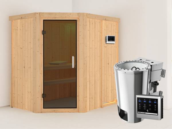 Saja - Karibu Sauna Plug & Play 3,6 kW Bio Ofen, ext. Steuerung - ohne Dachkranz - Moderne Saunatür