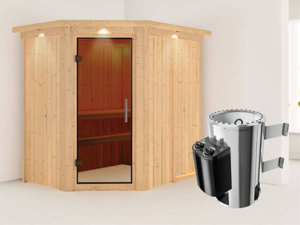 Saja - Karibu Sauna Plug & Play 3,6 kW Ofen, int. Steuerung - mit Dachkranz - Moderne Saunatür