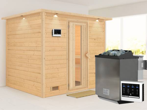 Karibu Sauna Sonara inkl. 9-kW-Bioofen mit externer Steuerung, mit Dachkranz, mit energiesparender Saunatür