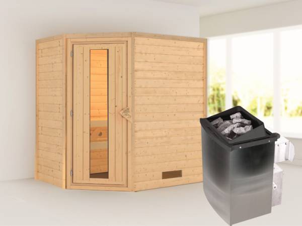 Karibu Sauna Svea inkl. 9 kW Ofen integr. Steuerung mit energiesparender Tür -ohne Dachkranz-