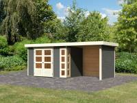 Karibu Woodfeeling Gartenhaus Kerko 4 in terragrau mit Anbaudach 2,40 m und Rück-und Seitenwand
