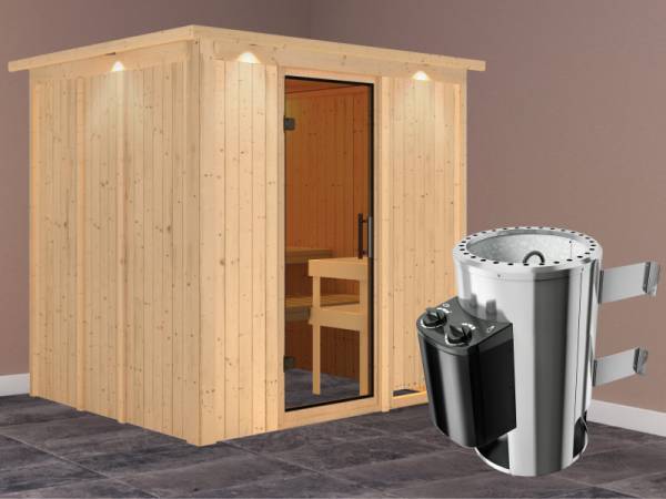 Daria - Karibu Sauna Plug &amp; Play 3,6 kW Ofen, int. Steuerung - mit Dachkranz - Moderne Saunatür