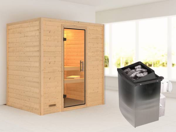 Karibu Sauna Sonja inkl. 9 kW Ofen integr. Steuerung mit Klarglas Ganzglastür -ohne Dachkranz-
