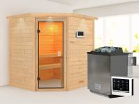 Karibu Sauna Mia- klassische Saunatür- 4,5 kW Bioofen ext. Strg- mit Dachkranz