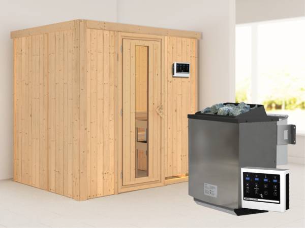 Karibu Sauna Bodin- energiesparende Saunatür- 4,5 kW Bioofen ext. Strg- ohne Dachkranz