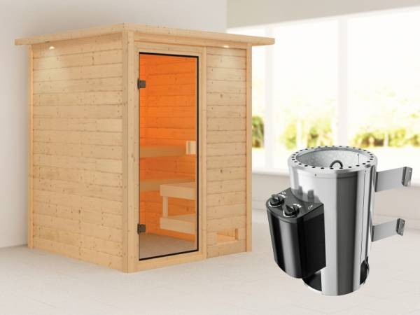 Karibu Sauna Sandra mit 3,6 kW Ofen integr. Strg und Dachkranz 38 mm Karibu Sauna Sandra mit 3,6 kW Ofen integr. Strg und Dachkranz 38 mm