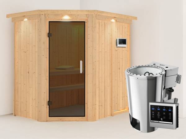 Saja - Karibu Sauna Plug & Play 3,6 kW Bio Ofen, ext. Steuerung - mit Dachkranz - Moderne Saunatür