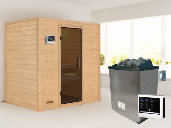 Karibu Sauna Sonja inkl. 9 kW Ofen ext. Steuerung mit moderner Saunatür -ohne Dachkranz-