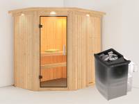 Karibu Sauna Carin- Klarglas Saunatür- 4,5 kW Ofen integr. Strg- mit Dachkranz