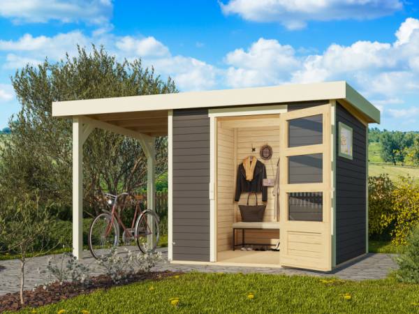 Karibu Gartenhaus Freiburg 2 terragrau mit Anbaudach 1,5 Meter