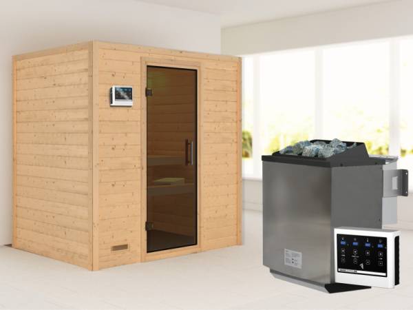 Karibu Sauna Sonja inkl. 9 kW Bioofen ext. Steuerung mit moderner Saunatür -ohne Dachkranz-
