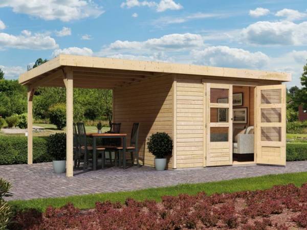 Karibu Aktions Gartenhaus Altena 3 natur inkl. Fußboden und Anbaudach 2,40 Meter