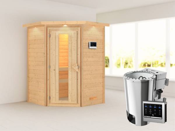 Alicja - Karibu Sauna Plug &amp; Play 3,6 kW Bio Ofen, ext. Steuerung - mit Dachkranz - Energiespartür
