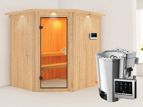 Lilja - Karibu Sauna Plug &amp; Play inkl. 3,6 kW-Bioofen - mit Dachkranz -