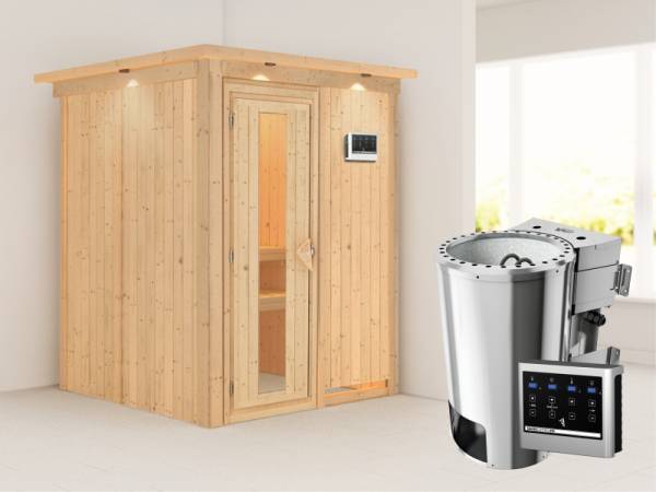 Minja - Karibu Sauna Plug & Play 3,6 kW Bio Ofen, ext. Steuerung - mit Dachkranz - Energiespartür