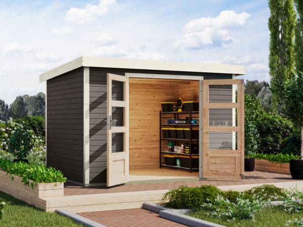 Karibu Hybrid Gartenhaus Jupiter 4 B terragrau/weiß