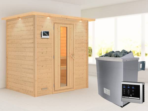 Karibu Sauna Sonja - energiesparende Saunatür - 4,5 kW Ofen ext. Strg. - mit Dachkranz