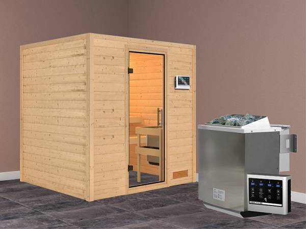 Karibu Woodfeeling Sauna Anja - Klarglas Saunatür - 4,5 kW Bioofen ext. Strg. - ohne Dachkranz