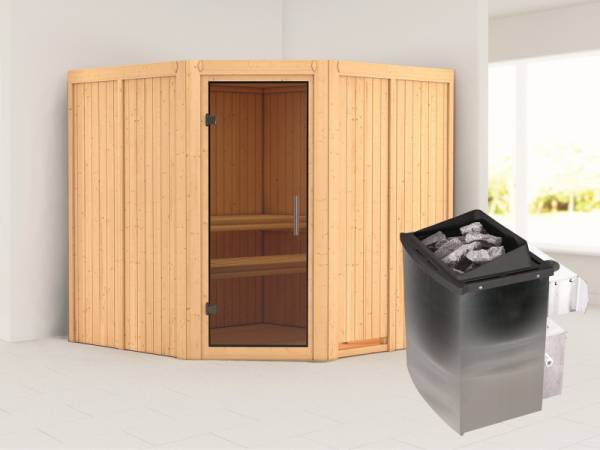 Karibu Sauna Jarin inkl. 9-kW-Ofen mit interner Steuerung, ohne Dachkranz, mit moderner Saunatür