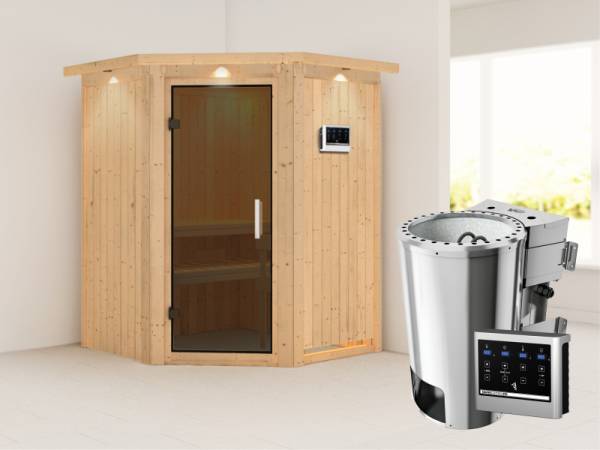 Nanja - Karibu Sauna Plug & Play 3,6 kW Bio Ofen, ext. Steuerung - mit Dachkranz - Moderne Saunatür