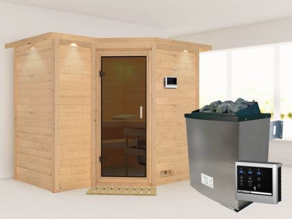 Karibu Sauna Sahib 2 inkl. 9-kW-Ofen mit externer Steuerung, mit Dachkranz, mit moderner Saunatür