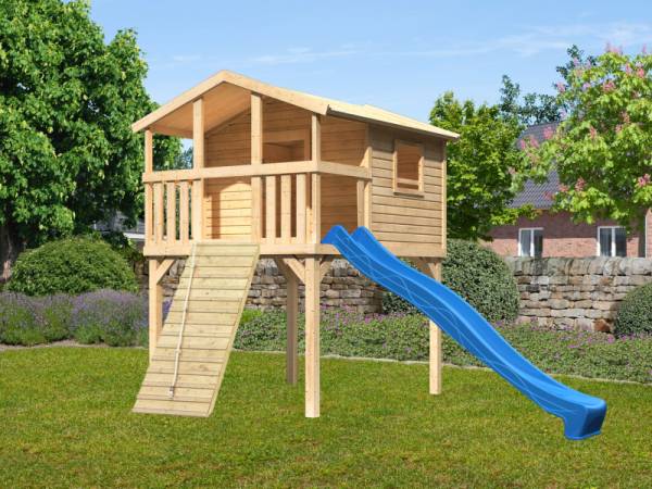 Akubi Stelzenhaus Benjamin naturbelassen + Rutsche blau + Holzrampe Akubi Stelzenhaus Benjamin naturbelassen + Rutsche blau + Holzrampe